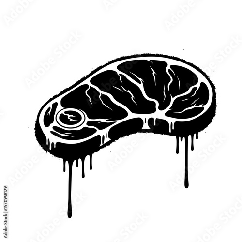A black and white graphic of a steak with dripping paint effect