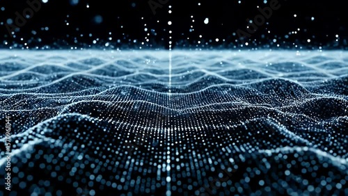 A field of blue particles forms undulating waves against a black background