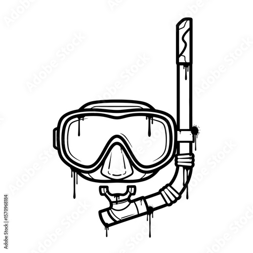 A black and white illustration of a diving mask and snorkel set