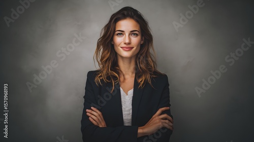 smiling professional businesswoman with arms crossed, neutral studio background, confident pose, clean formal outfit, soft key light