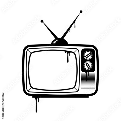 Isolated black and white television set with dripping paint design