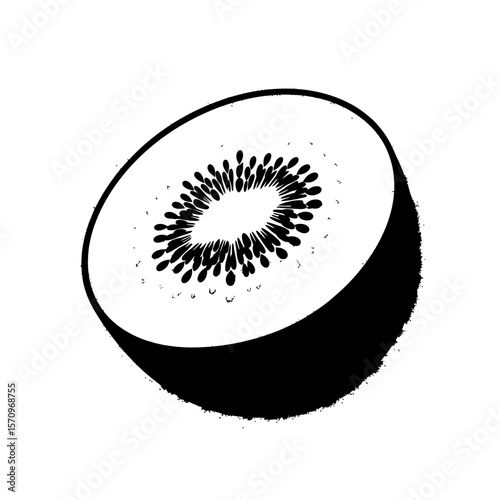 Monochrome depiction of a sliced kiwi fruit with visible seeds