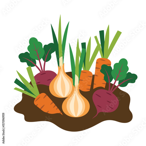 Freshly harvested carrots onions and beets growing in the soil
