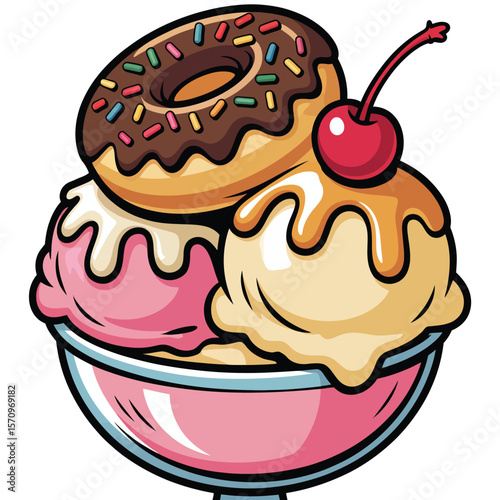 Delicious ice cream sundae topped with a chocolate frosted donut and cherry