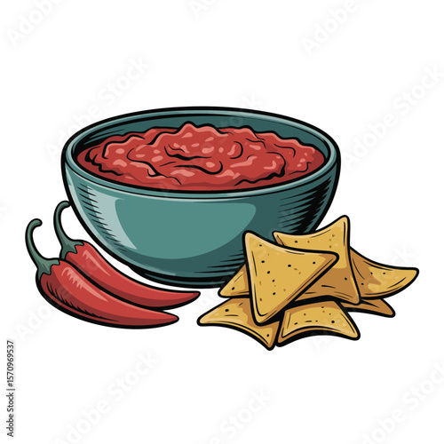 Delicious salsa with tortilla chips and fresh red chili peppers