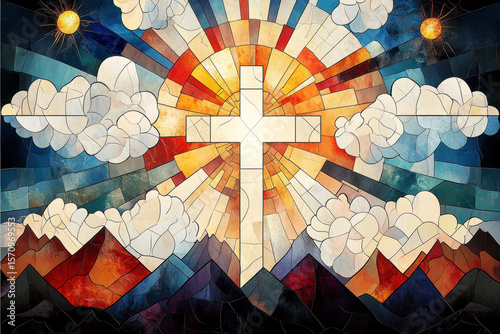 Cross in radiant light – Christian stained glass symbolizing faith, hope, and spirituality. AI generative.
