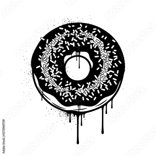 A black and white donut with sprinkles and dripping icing design