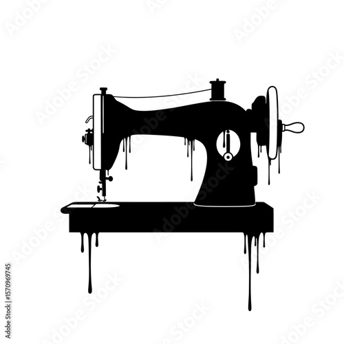 Silhouette of a vintage sewing machine with dripping black paint