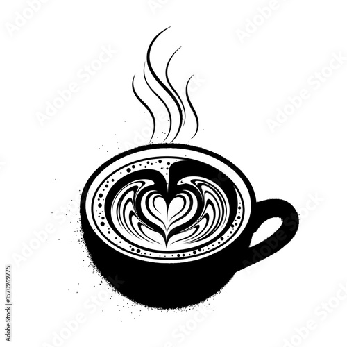 A cup of coffee with heart shaped latte art and steam in black and white