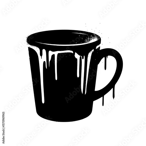 A black mug with white dripping paint on a white background art