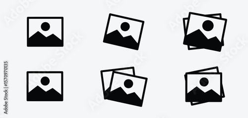 Collection of six simple black and white landscape photo icons on a light background