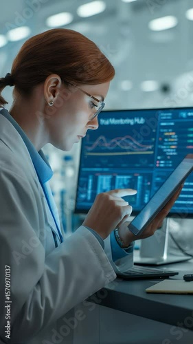 Analyzing Data: A focused scientist meticulously examines data on a digital tablet within a high-tech laboratory setting, the future of research at the forefront.