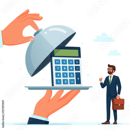 Serving up accounting solutions with a calculator under a silver dome and a satisfied businessman.