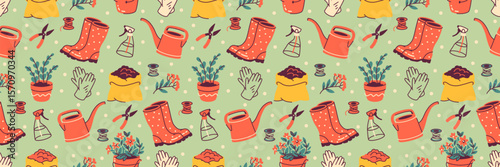 A colorful gardening seamless pattern showcasing essential tools like watering cans, gloves, and potted plants. Background for agriculture, countryside or farming inspired designs