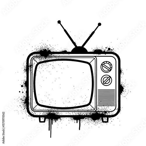 Illustrated vintage television set with antenna and black splatters