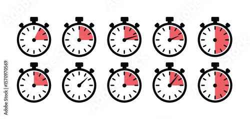 Collection of stopwatch icons showing progression of time with red fill