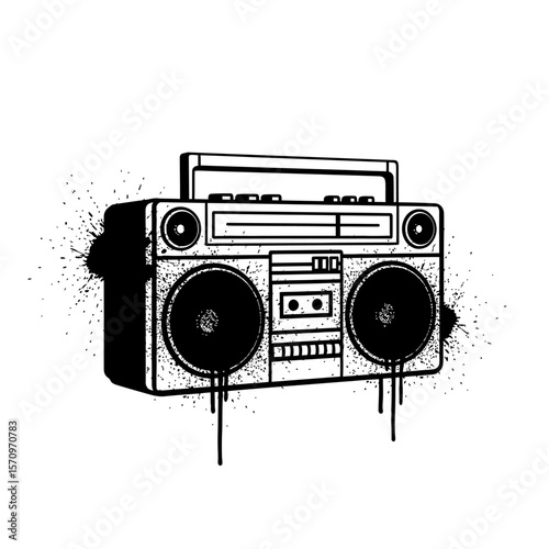 A stylized boombox with black ink splatter on a white background