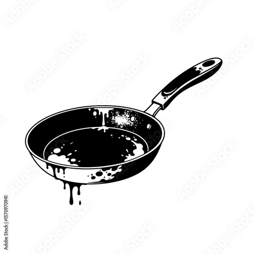 Illustration of a frying pan with drips and splatters in black