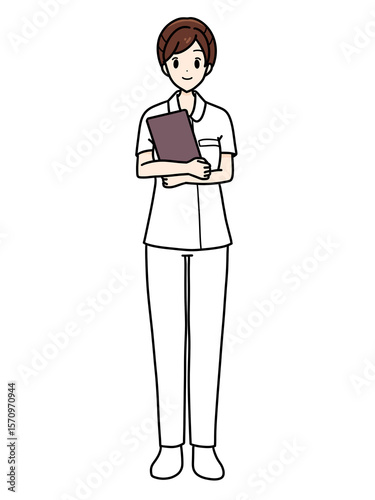 女性看護師の正面立ちポーズ　パンツスタイル　バインダー