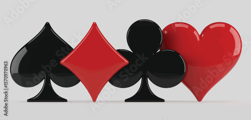 Glossy playing card suits spades diamonds clubs and hearts arranged in a row