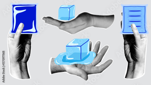 Halftone effect hands holding ice cubes and ice packs. Retro collage.