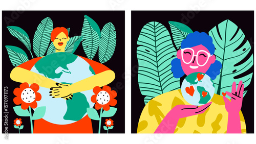 Earth day and climate change conceptual cards with female contemporary characters hugging the planet. Caring for the environment.  Vector hand draw illustration