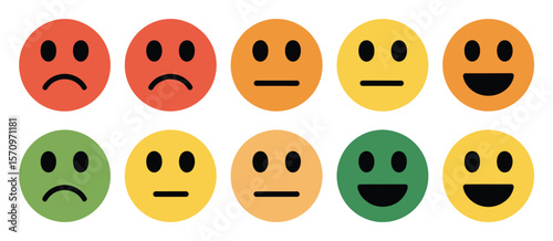 Set of colorful smiley face icons representing different emotions from sad to happy