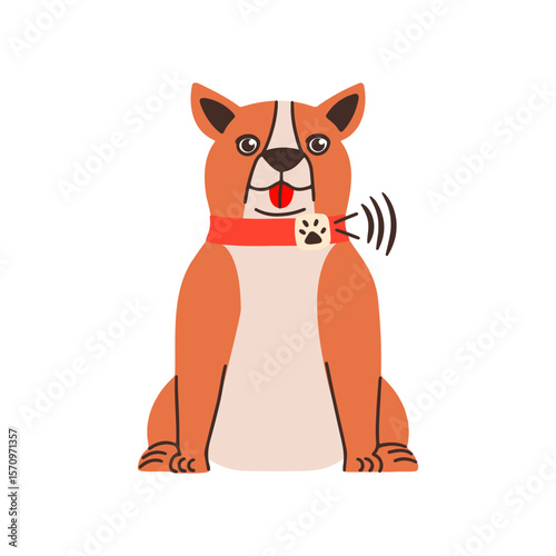 Bulldog dog in collars with gps location tracker. Smart accessory for pet. Vector flat illustration