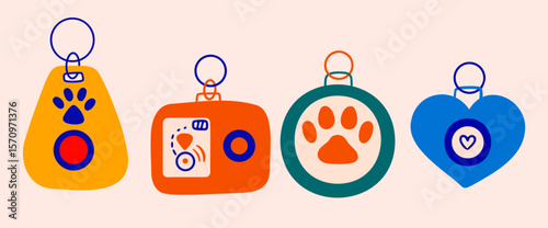 Set of gps pet trackers keychains of different shapes and colors. Vector clipart.