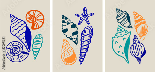 Seashells cards. Hand drawn vertical postcards with shells. Summer posters.