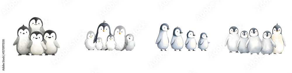 Fototapeta premium Watercolor Penguin Family Collection on White Background