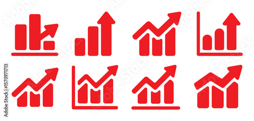 Collection of red rising bar chart and line graph icons indicating growth