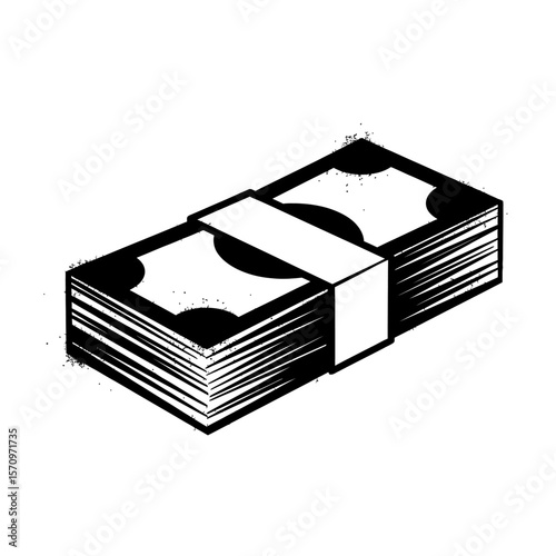 A black and white graphic of a stack of money tied with a band