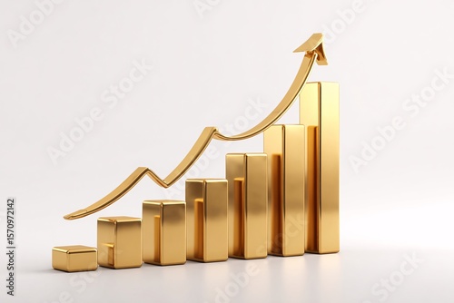 Golden bar graph with arrow, financial growth and success concept
