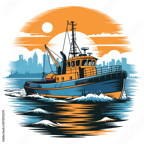 A vibrant illustration of a tugboat sailing vector transparent png t shirt banner logo design