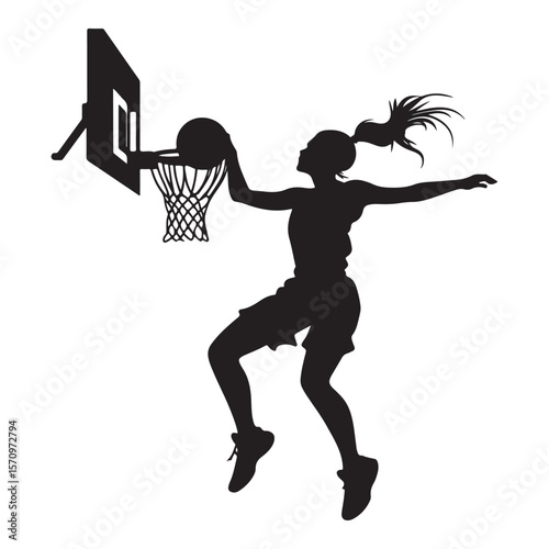 vector silhouette of a female basketball player slam dunk, scoring the ball to the net, transparent background 