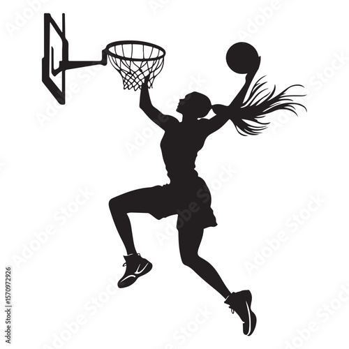 vector silhouette of a female basketball player slam dunk, scoring the ball to the net, transparent background 