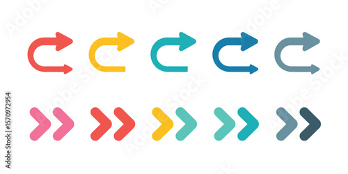 Colorful Arrow Set – Curved and Chevron Arrows in Pink, Orange, Teal, Blue, and Black on White Background for UI, Infographic, and Web Design