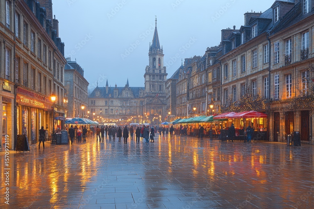 Fototapeta premium Busy city street with historic buildings, lights on a wet day