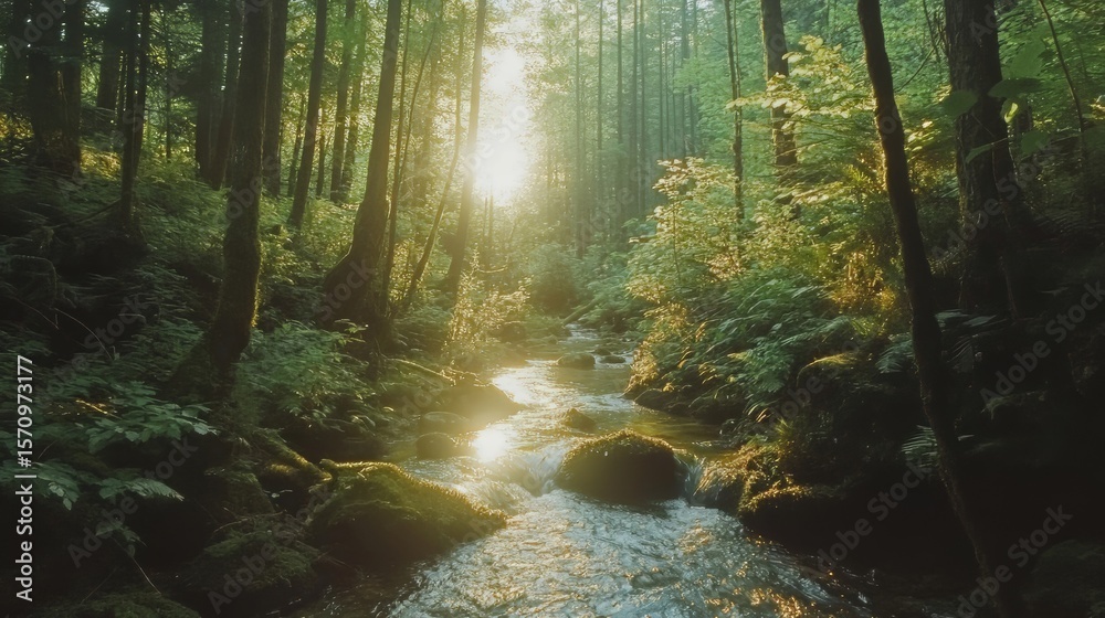 Fototapeta premium Green forest with sunlight shining through the trees and a forest stream