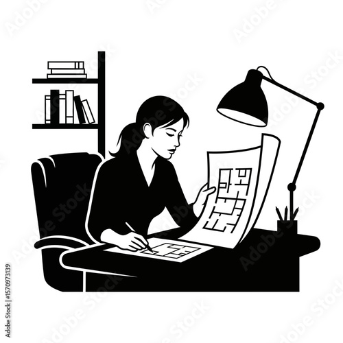 Black Silhouette Icon: Female Interior Designer Working in Office