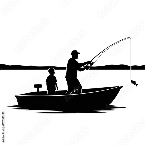 Black Silhouette Icon: Father & Son Fishing on Boat, Bonding Activity