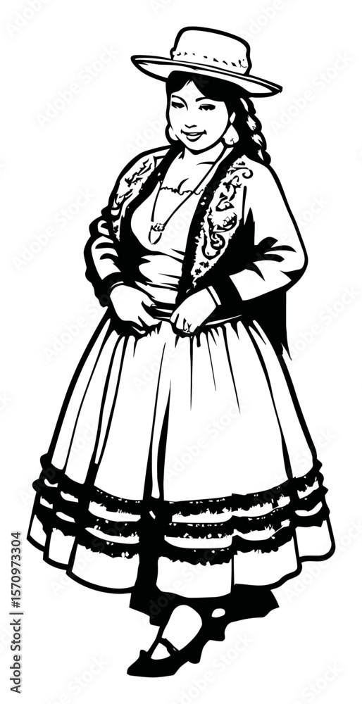 Fototapeta premium Hand Drawn Illustration of a Woman in Traditional Attire with Hat
