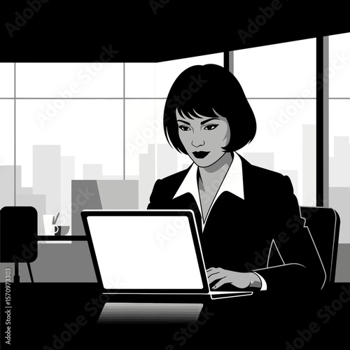 lack Silhouette Icon Woman working on laptop with white screen in modern office.