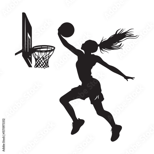 vector silhouette of a female basketball player slam dunk, scoring the ball to the net, transparent background 