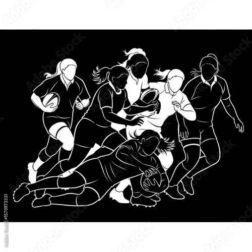 Black Silhouette Icon: Female Rugby Players in Intense Game Action