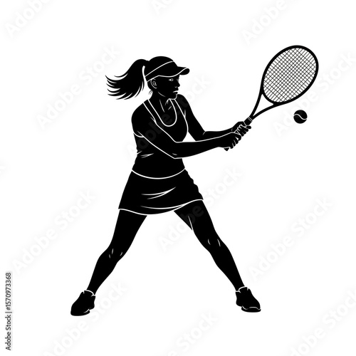 Black Silhouette Icon: Female Tennis Player in Dynamic Game Motion