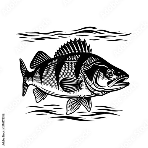 Black Silhouette Icon: Big Freshwater Perch Fish in Water