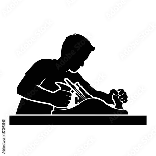 Black Silhouette Icon: Carpenter Working with Plane on Wood