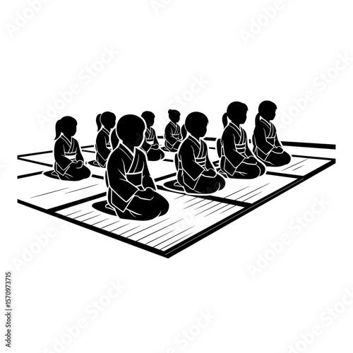 Black Silhouette Icon: Children in Kimono at Martial Arts Seminar